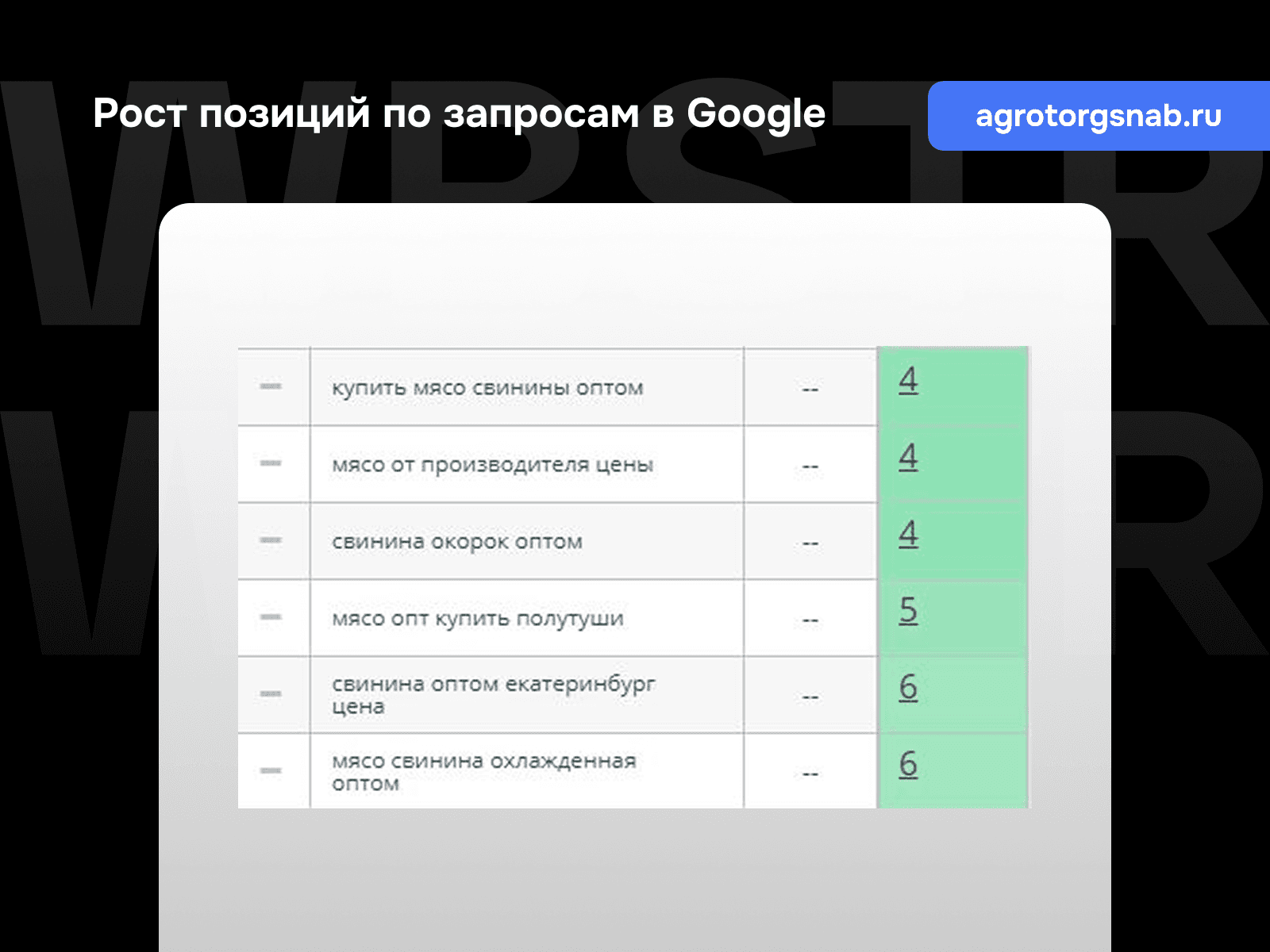Позиции по запросам Google для проекта «Агроторгснаб»